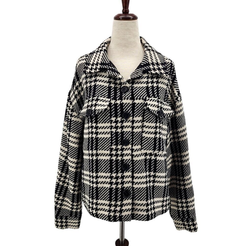 NEW Sanctuary Womens XS Jacket The Shacket Plaid Drop Shoulder Knit Black Ivory